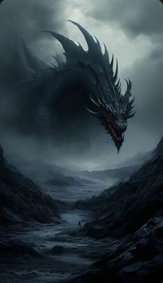 a dragon is standing in the middle of a dark, foggy mountain area with water