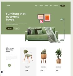 the furniture store website is displayed in green and white colors, with an image of a couch