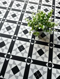 a potted plant sitting on top of a black and white tiled floor with geometric designs