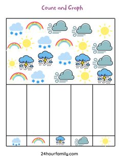 a printable counting sheet with clouds and rainbows in the sky, on top of a