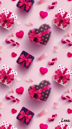 pink hearts and gift boxes on a pink background