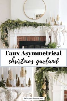 faux asymmetrical christmas garland in front of a fireplace