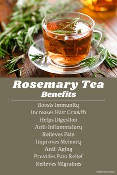 a cup of rosemary tea on top of a wooden table