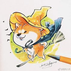 a drawing of a cat holding a knife and an orange pencil in it's mouth