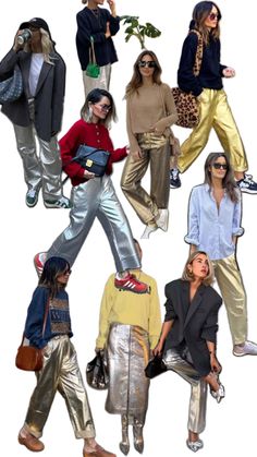 Silver Jeans Outfit, Silver Trousers, Silver Pants, Interesting Outfits, Color Combinations For Clothes, Jeans Outfit Summer, Metallic Pants, Metal Clothing, Quirky Fashion