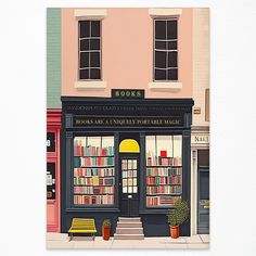 a painting of a book store with books on the front