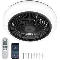 a white ceiling fan with remote control and other accessories including an appliance for the home