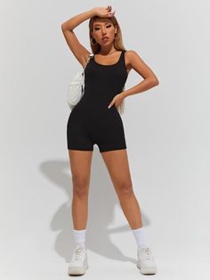 Black  Collar Sleeveless Fabric Plain  Embellished Slight Stretch Summer Women Jumpsuits & Bodysuits One Piece Body Suit Outfit, Unitard Outfit, Romper Outfit Black, Black Romper Outfit, Short Jumpsuit Outfit, Black Bodysuit Outfit, Body Suit Outfit, Shorts Romper Outfit, Black Short Jumpsuit