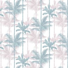 a wallpaper with palm trees and leaves in pastel blue, pink and white