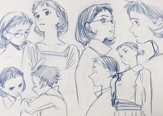 a drawing of several people with different hair styles and facial expressions, all looking at each other