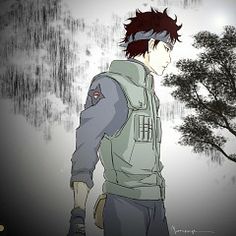 an anime character standing in front of a tree