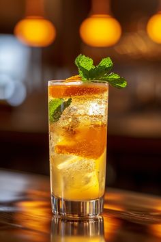 a glass filled with ice and mint on top of a table