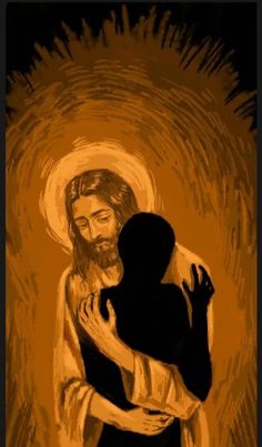 an image of jesus holding the person in his arms and looking down at him with orange background