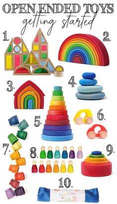 an open ended toys getting started poster with lots of wooden toys and numbers on it