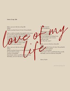 the words love of my life written in red ink on a beige background with black lettering