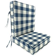 a blue and white checkered chair cushion with ties on the back, sitting in front of a white background