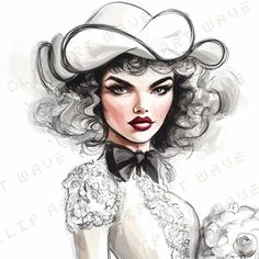 a drawing of a woman with curly hair wearing a white hat and black bow tie