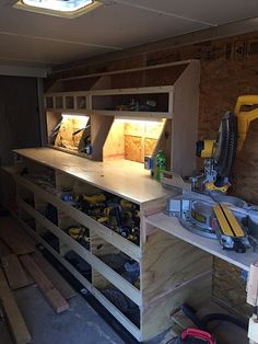 the workbench is being built and ready to be worked on in the shop