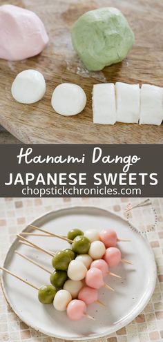 japanese sweets are arranged on a plate with marshmallows in the background and text overlay