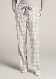 American-Tall-Women-Tie-Waist-Open-Bottom-Flannel-PJ-Pants-Heather-Grey-White-Plaid-front Pyjama Bottoms Aesthetic, Pajamas Women Comfy, White Pajama Pants, Pajama Trousers, Pjs Women, Pijama Pants, Pjs Pants, Womens Pj Pants, Pants Pjs