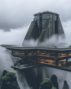 a futuristic building surrounded by fog and low lying clouds in the sky with trees growing out of it