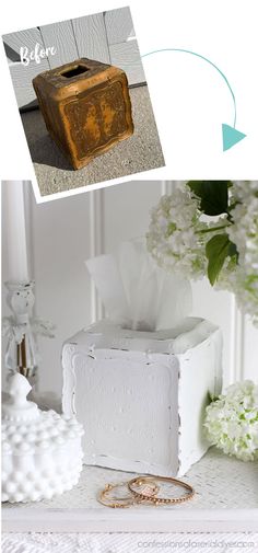 the before and after photos show how to make tissue boxes with flowers in them for wedding decor