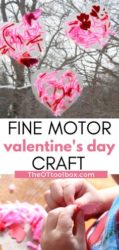 valentine's day craft for kids with pink and red paper hearts hanging from the tree