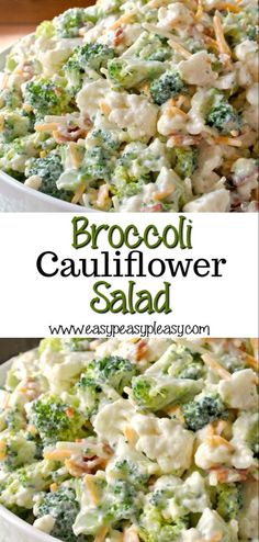 broccoli cauliflower salad in a white bowl with the title above it