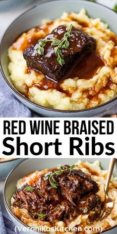 Braised short rib over mashed potatoes in a blue bowl. Short Ribs In Dutch Oven, Ribs In Dutch Oven, Dutch Oven Ribs, Red Wine Braised Short Ribs, Wine Braised Short Ribs, Beef Ribs Recipe, Beef Short Rib Recipes, Crockpot Healthy, Short Ribs Recipe