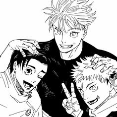 an ink drawing of three young boys with one pointing at the camera and another pointing up