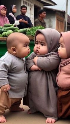 three babies are playing with each other in front of some people and vegetables on the ground