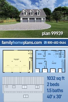 two story house plan with garage and living room