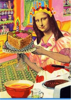 a painting of a woman holding a cake