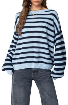 Two tones of blue stripe a roomy sweater knit from soft cotton and ready to kick it with your weekend plans. Crewneck Long sleeves Ribbed cuffs and hem 100% cotton Machine wash, dry flat Imported Stitch Sweater, Stripes Texture, Oversized Crewneck, Cable Stitch, Bold Stripes, Fabric Gift Bags, Fabric Gifts, Free Fabric, Nordstrom Store