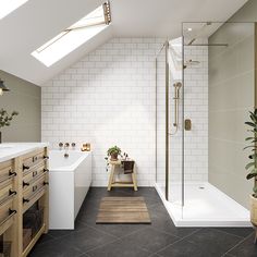 a bathroom with a skylight and tiled walls