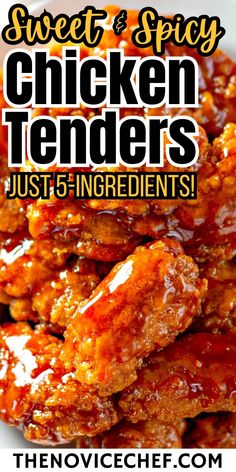 Sweet and spicy sticky chicken tenders are coated in an addictive sauce featuring a blend of BBQ sauce, hot sauce, and brown sugar. Using store-bought chicken tenders, these spicy chicken tenders are super easy-to-make, with just 5 ingredients, in 20 minutes! Chicken Tenders Oven Baked, Sweet And Spicy Sticky Chicken, Sticky Chicken Tenders, Spicy Sticky Chicken, Chicken Tenders Oven, Spicy Chicken Tenders, Sticky Chicken, Spicy Chicken, Chicken Tenders