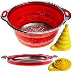 a red colander with yellow strainers next to it and the measurements for each