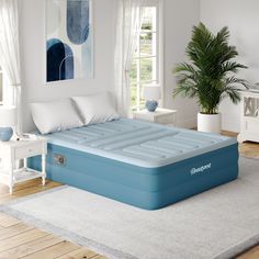 an inflatable mattress is sitting on the floor next to a potted plant