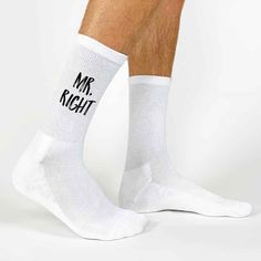 Mr. Right digitally printed in black ink on white crew socks. Mrs Always Right, Black And White Socks, Couple Wedding Shower, 2 Year Anniversary, Personalized Matches, Wedding Showers, Personalized Socks, Mr Right, White Socks