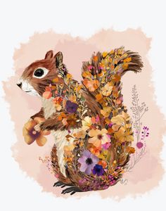 a painting of a squirrel with flowers on it's back