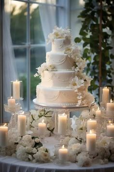 a white wedding cake surrounded by candles and flowers on a table in front of a window