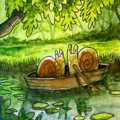 watercolor painting of two snails in a boat