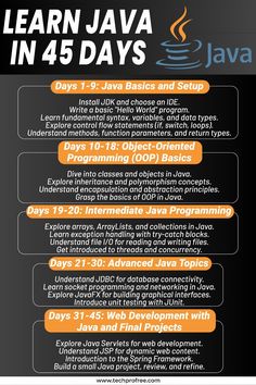 a flyer for the learn java in 45 days course, with information about how to use