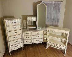 Six piece vintage bedroom set in the French Provincial style manufactured by Dixie Furniture Company in the 1970s. The set is in excellent condition.  The set includes the nine drawer dresser with attaching mirror. Nightstand. The six drawer lingerie chest of drawers and the three drawer dresser with hutch. French Provincial Girls Bedroom, Modern French Provincial Bedroom, French Provincial Decor Bedroom, Dresser With Hutch, French Provincial Bedroom Set, Vintage Bedroom Sets, French Provincial Bedroom, Mirror Nightstand, Modern French Provincial