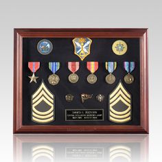 a display case with medals and badges on it