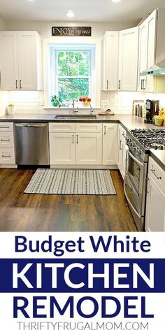 a kitchen with white cabinets and wood floors is featured in the magazine budget friendly classic white kitchens