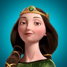 an animated character wearing a green dress and gold tiara, with long brown hair