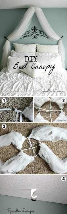 the instructions for how to make a diy canopy bed canopy is made from fabric