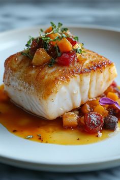 Seared fish fillet topped with diced vegetables and fresh herbs on a white plate. Healthy Cod Recipes, Easy Cod Recipes, Cod Recipes Healthy, Poached Cod, Cod Dishes, Cod Cakes, Grilled Cod, Roasted Cod, Cod Recipe