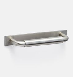 a stainless steel door handle on a white background